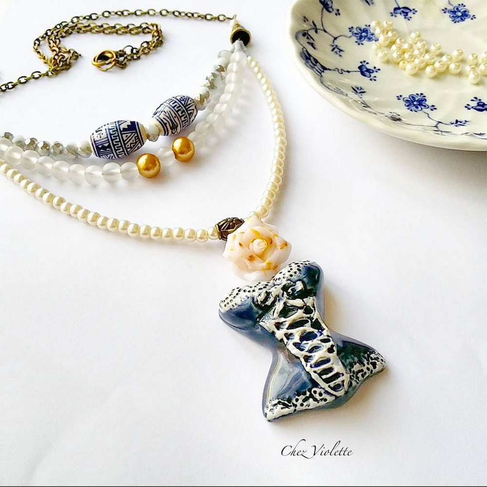 Blue Corset Necklace Pendant Pin Up Girl by