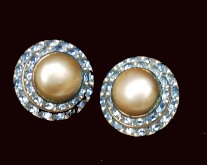 Blue Rhinestone Pearl Earrings Mid century Domed clip on earrings