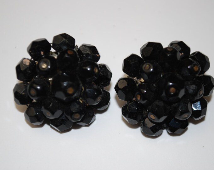 Laguna Earrings Black Glass Bead Cluster Clip on Earrings