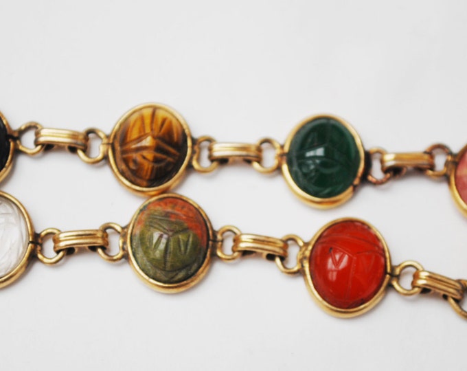 Egyptian Revival Scarab Link Bracelet Gemstones - Signed Uncas - 1/20 12 kt Gold filled