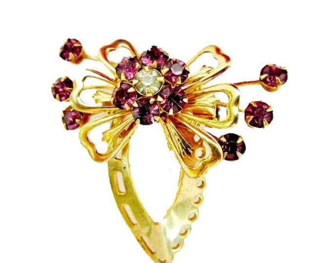 Purple Rhinestone Brooch - Flower - Gold Bow - mid century pin