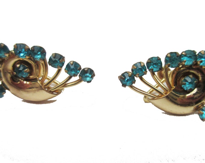 Blue Rhinestone EArrings - Art Deco Gold Plated - signed 1/20 12 kt gf CM screw back earrings