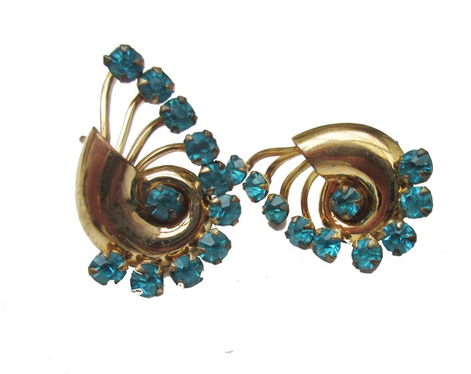 Blue Rhinestone EArrings - Art Deco Gold Plated - signed 1/20 12 kt gf CM screw back earrings