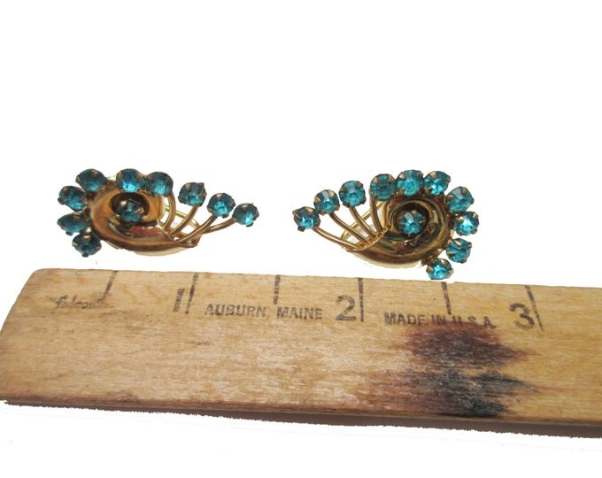 Blue Rhinestone EArrings - Art Deco Gold Plated - signed 1/20 12 kt gf CM screw back earrings