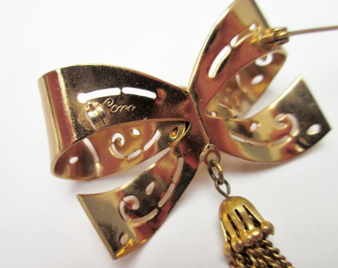 Gold Bow Brooch - Signed Coro - Rhinestone - Golden tassel