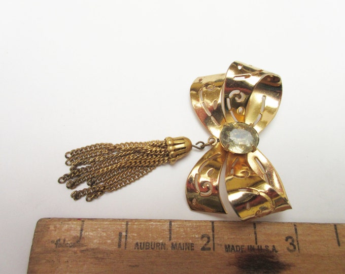 Gold Bow Brooch - Signed Coro - Rhinestone - Golden tassel