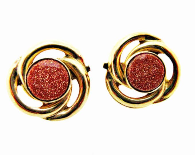 Goldstone Gold earrings - 1/20 12Kt GE gold - red Art glass - clip on earring -gold stone