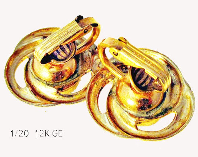 Goldstone Gold earrings - 1/20 12Kt GE gold - red Art glass - clip on earring -gold stone