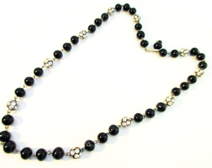 Black Glass bead Necklace - Rhinestone Rondelle - vintage silver crystal beads - 25 inches