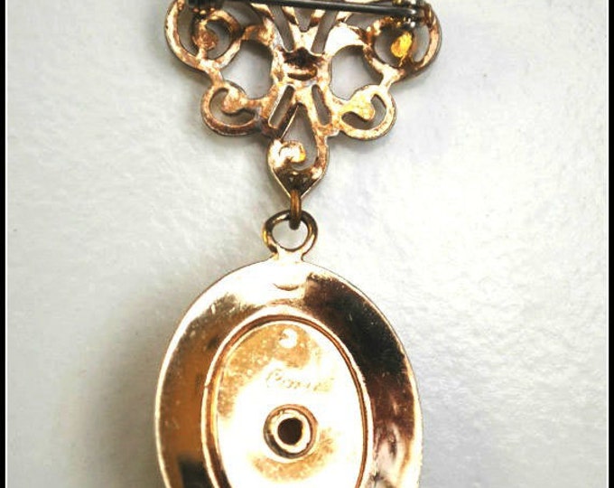 Coro Cameo Brooch - Fleur de Lis - white pearl and gold dangle Vintage Pin