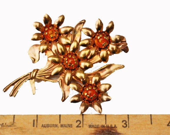 Gold Flower Brooch - Amber Orange Glass cabochon - Mid century - Floral Pin