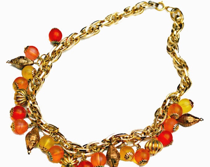 tutti fruiti bead Necklace - colorful Lucite Bead - orange yellow - gold chain collar necklace