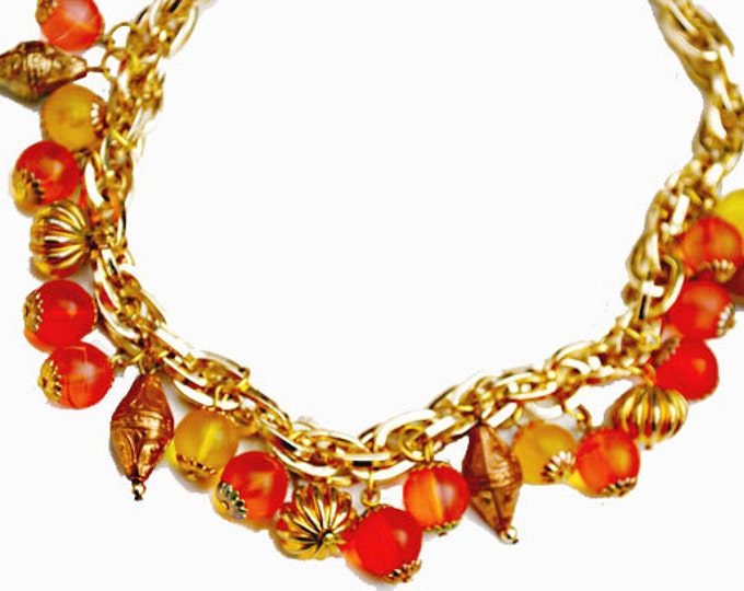 tutti fruiti bead Necklace - colorful Lucite Bead - orange yellow - gold chain collar necklace