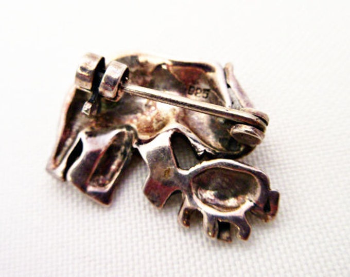 Sterling Elephant Brooch - silver marcasites - red eyes - mother and baby elephant pin