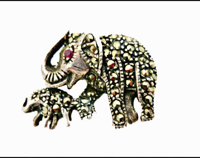 Sterling Elephant Brooch - silver marcasites - red eyes - mother and baby elephant pin