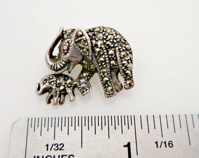 Sterling Elephant Brooch - silver marcasites - red eyes - mother and baby elephant pin