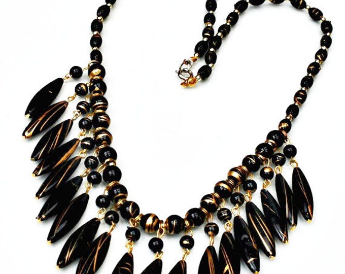 Black bead Bib Necklace - Gold Black Bead - Resin gold metal trim - Statement necklace