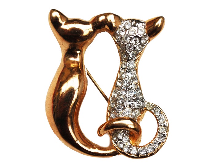 Cat Brooch - Gold with Rhinestones -Two sitting kittens pin