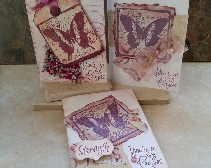 3 Christian Notecards, in my Prayers, Handmade encouragement support card Butterfly Heat Emboss, Handmade cards by collegedreaminkid #511