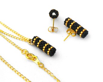 Gold and Black Necklace, Black Peyote Jewelry, Gold Stud Earrings, Minimalist Earings, Modern Bridesmaid Jewelry Gift Set - Made in Germany