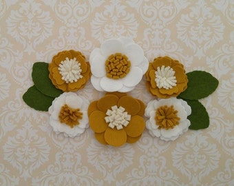 Handmade Wool Felt Flowers, Mustard, Ivory and White