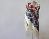 Reserved - Russian shawl, Russian scarf, autumn winter, babushka, white ponk blue, floral throw, lace print, tasselled challis, warm shawl