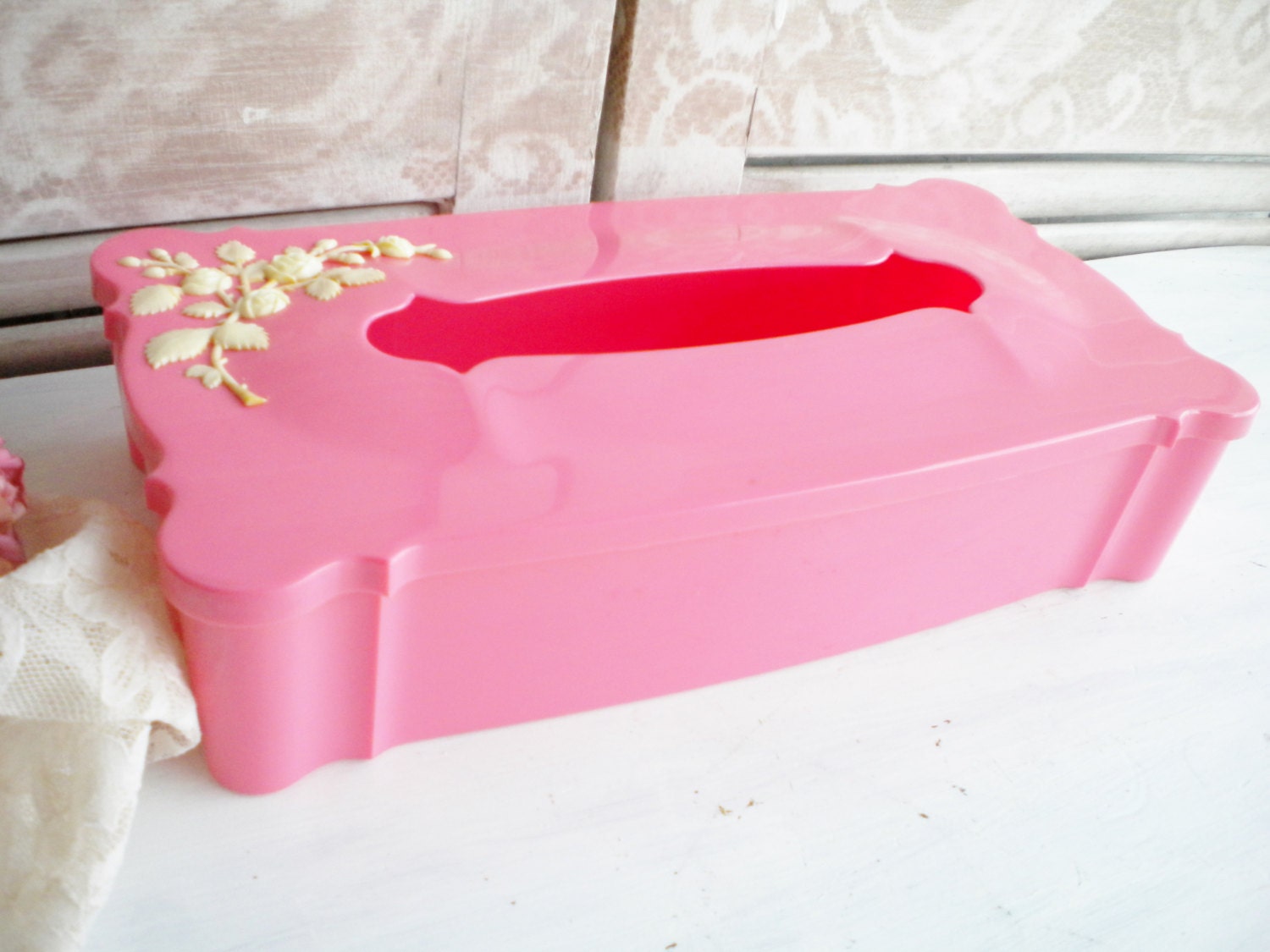 Shabby Pink Tissue Box Card Holder Mid Century Vintage For