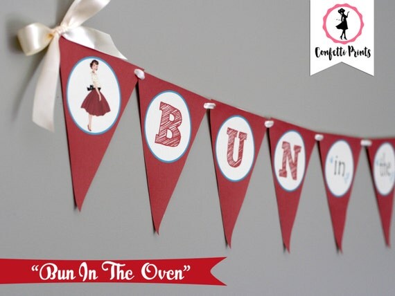 BUN In THE OVEN Retro Baby Shower Banner | Baby Sprinkle | Vintage Baby Shower | Couples Baby Shower | Baby Shower Decor | Printable Il_570xn