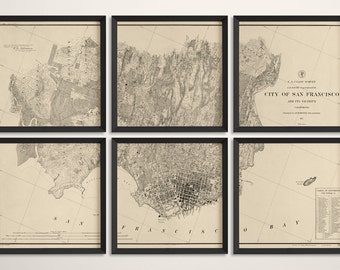 Old San Francisco Map Art Print 1857 Antique Map Archival Reproduction - Set of 6 Prints - Horizontal or Vertical