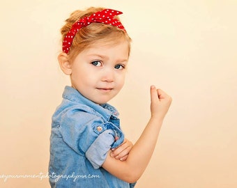 Rosie the Riveter Halloween Costume, Adjustable Headband, Rosie Wrap, Bandana, Hair Tie, Photo Prop, Rockabilly, Red and White Polka Dot