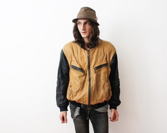 Vintage 1980s Aged Worn in Leather Jacket Moustard Yellow /Black