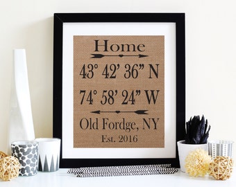 Burlap Housewarming Gift - Home Coordinates Burlap - GPS Coordinates Gift - Wall Decor - Burlap Print - House Warming Gift - Rustic Decor