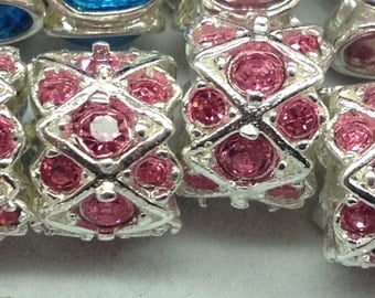 925 Sterling Silver Plated Pink or Sapphire Blue color crystals european type charm with the large hole.