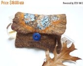 ON SALE Brown Felted clutch purse pouch envelope with Nuno Felted lace flower blue orange Wool handmade cosmetic bag handbag