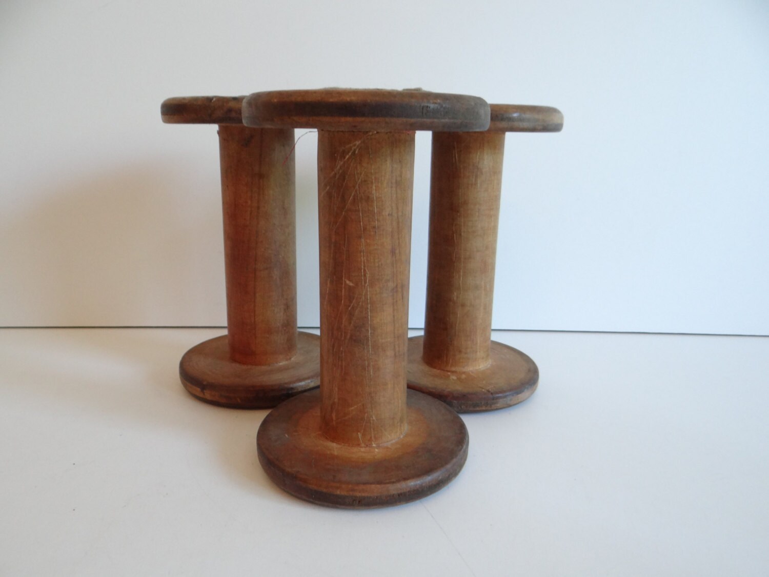 Three 3 Wooden Spool Lot 7 tall Machine Age Wood