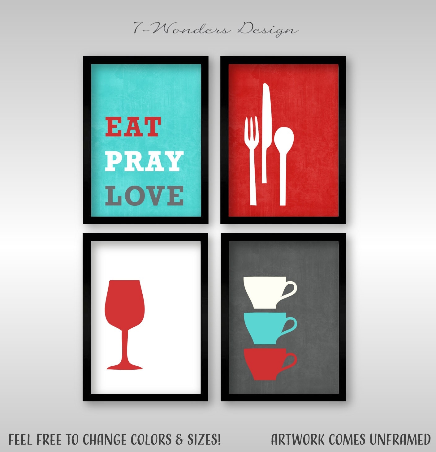 Modern Kitchen Wall Art Print Set Inspirational Eat Pray