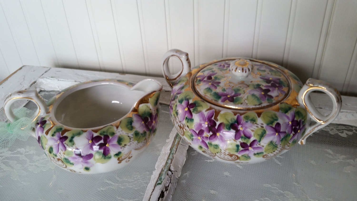 VINTAGE PORCELAIN FLORAL Sugar and Creamer Set Violets Purple