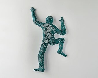 Climbing man sculpture, Contemporary metal wall art, wire mesh sculpture, wall hanging - Green