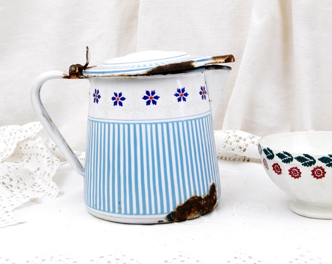 Antique French Blue Chippy Patterned Enamelware Pitcher, Enamel Jug Vase, Cottage Kitchen, Farmhouse French Country, Retro, Shabby Chic Antique French Blue Chippy Patterned Enamelware Pitcher, Enamel Jug Vase, Cottage Kitchen, Farmhouse French Country, Retro, Shabby Chic