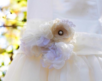 Wedding sash belt bridesmaids maternity sash fabric flower ivory cream white vintage lace shabby chic upcycled sash photo prop pearl sash