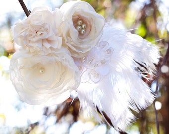 Wedding sash belt bridesmaids maternity sash fabric flower ivory cream white pearl feathers elegant upcycled sash photo prop 20s gatsby sash