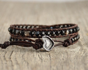 Bohemian bracelet. Skinny double wrap beaded leather bracelet
