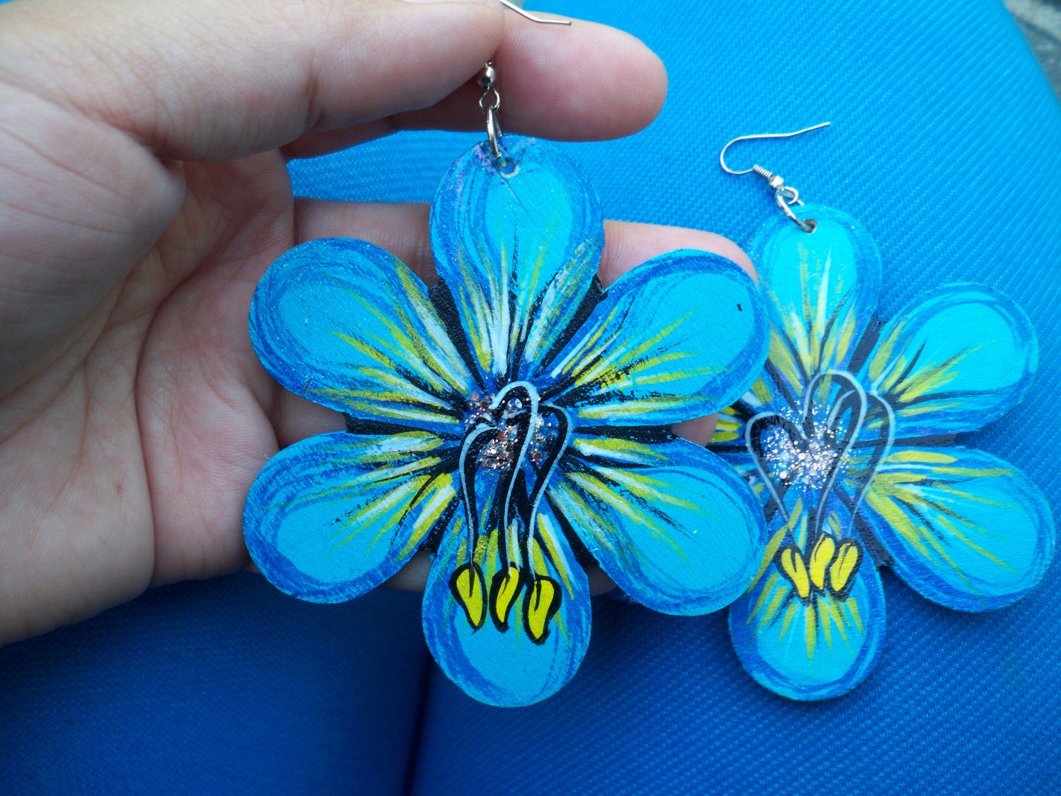Blue Flower Hand Painted Earrings Airbrushed Hand Crafted for