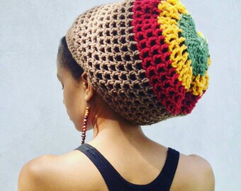 ILA IRise Dread Nett with Red Gold Green Rainbow. Unisex Crochet Rasta Hat Tam, for dreadlocks, locs, braids, natural hair