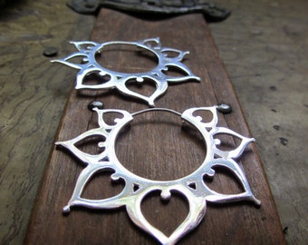 Silver Lotus Hoop Earrings ~ fake gauge compatible ~ Belly Dance Festival Boho Gypsy tribal style layer with tunnels eyelets ~ flower hoops
