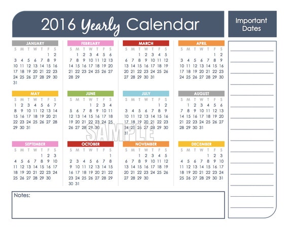 2016 printable calendar yearly editable by freshandorganized