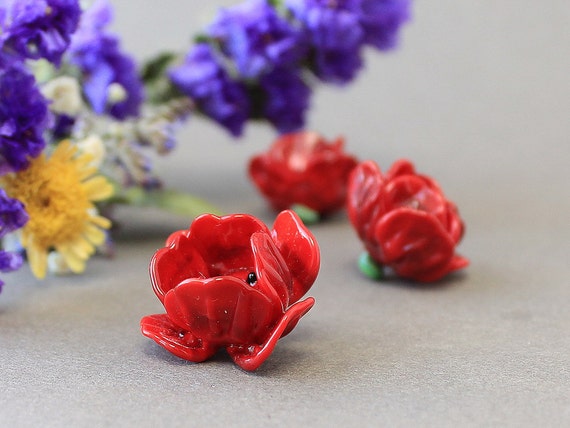 Handmade Lampwork Beads Red Rose Glass By Jewelrybeadsbykatie