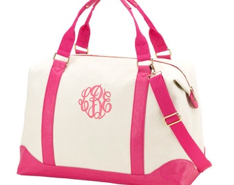 Canvas Weekender with Hot Pink Set with Monogram Weekender and Cosmetic Bag for Wedding, Bridesmaids, Graduation, Bridal Shower, Mothers Day