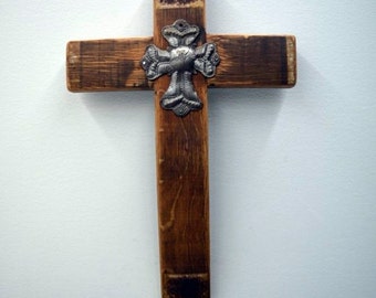 Cross Made out of Wine Barrels Handmade with Small Metal Cross