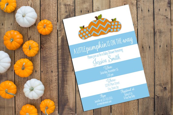 Little Pumpkin Baby Shower Invitation - Pumpkin Baby Shower - Large Blue Stripes - Printable Il_570xn